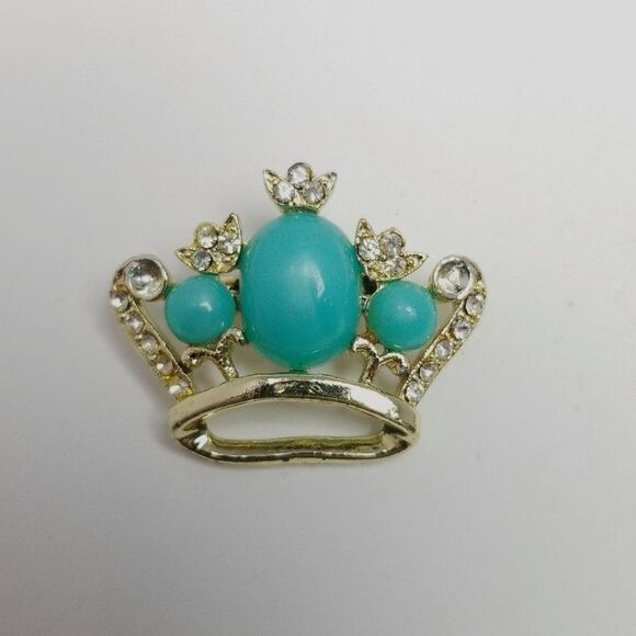 Vintage Crown Shape Rhinestone Brooch, Blue Cabochon Center, Retro Estate - Picture 6 of 7
